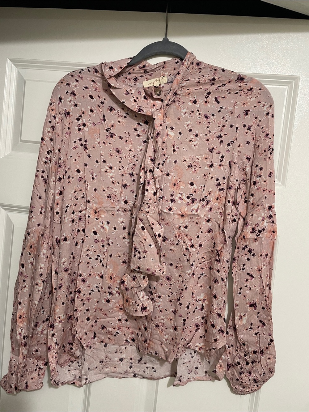 Mystree Blush Pink Floral Ruffle Tie-Neck Blouse